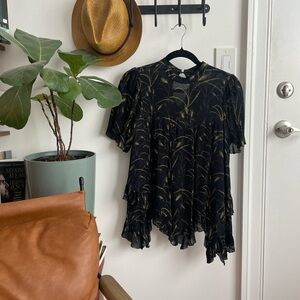 AllSaints Black and gold leaf print blouse w ruffle detailing and high neckline